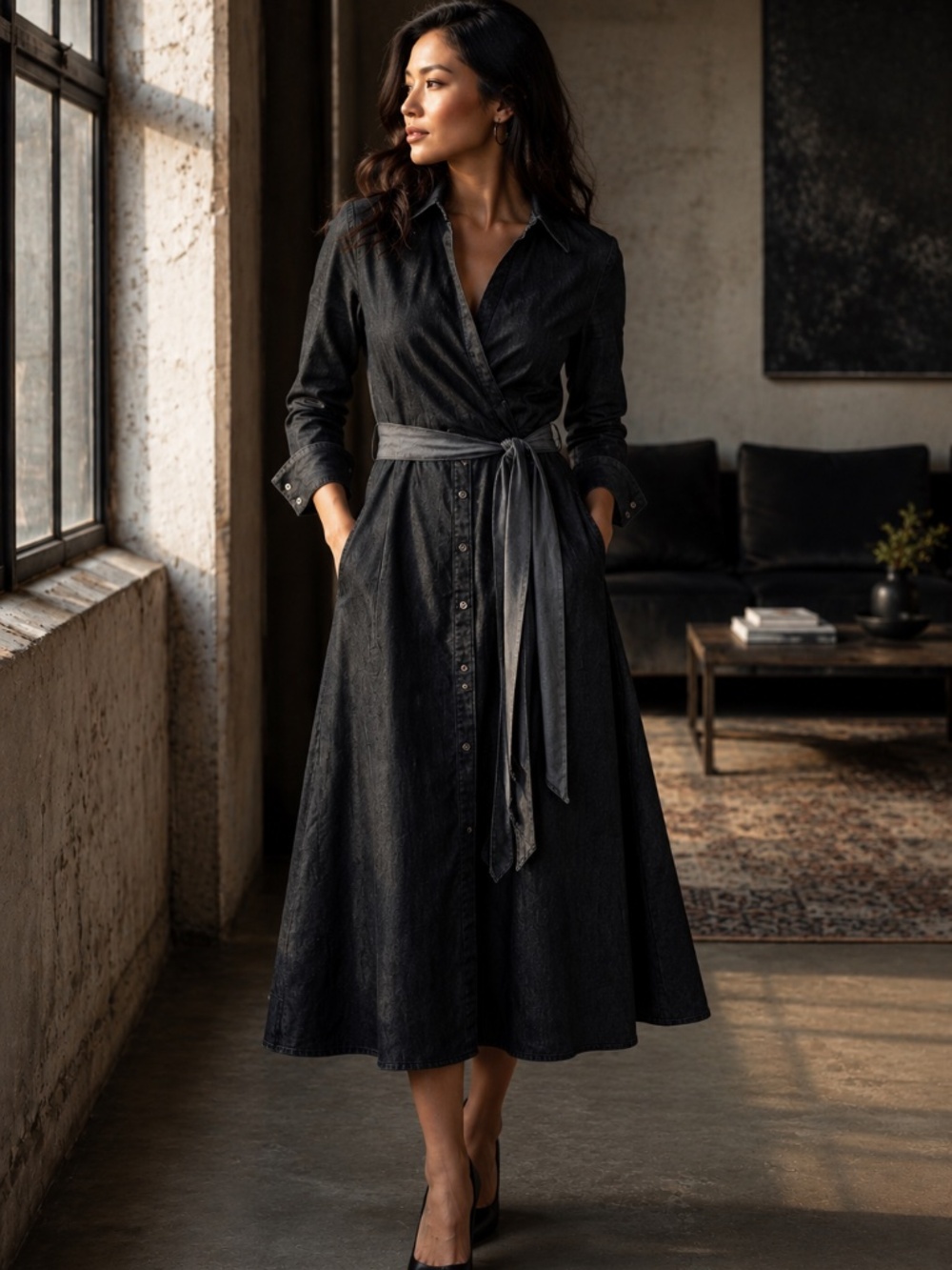 Kenneth Cole Reaction Dark Denim Wrap Midi Shirt Dress Heavy Denim Size 10 - Picture 1 of 15